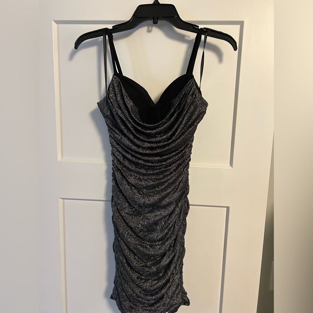 BCX Shimmering Black Ruched Mini Dress